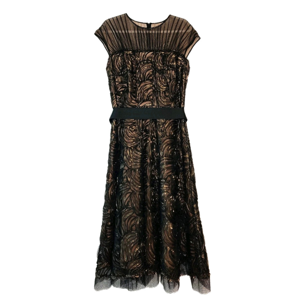 Tadashi Shoji Rosette Cocktail Party Dress Size 12 Black over Nude LBD Goth NWT